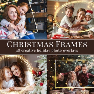 Puede incluir: Cuatro imágenes de familias con marcos dorados brillantes. Los marcos están decorados con luces brillantes y copos de nieve. El texto "CHRISTMAS FRAMES" y "48 superposiciones creativas de fotos navideñas" se muestra debajo de las imágenes.