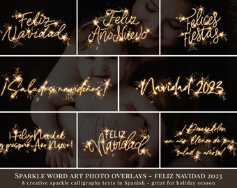 8 Sparkle text in Spanish, Christmas photo overlays for Photoshop, holiday word art in a sparkle effect, Feliz Navidad in a sparkle effect