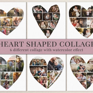 Heart shaped collages for Photoshop, great for Valentines & kids, family and wedding photography, photomasks overlays with watercolor effect