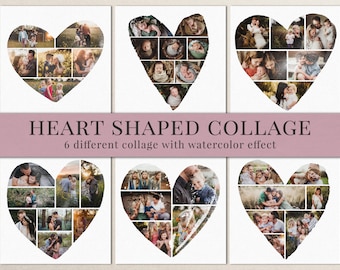 May include: Six heart-shaped photo collages with watercolor effect. Each collage features multiple family photos arranged within a heart outline. The text "HEART SHAPED COLLAGE" is displayed above the collages.