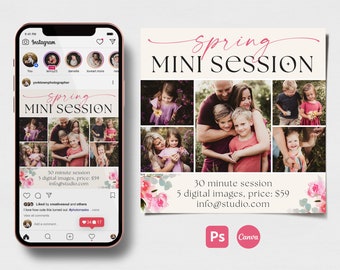 May include: A pink and green floral design with the text "Spring Mini Session" in black and white. The text "30 minute session 5 digital images, price: $59 info@studio.com" is also included in black and white. The image includes a collage of photos of families in a natural setting.