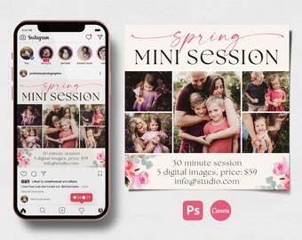 Spring Mini Session template for Photoshop and Canva, fully editable and customizable digital template, great for Instagram and Facebook