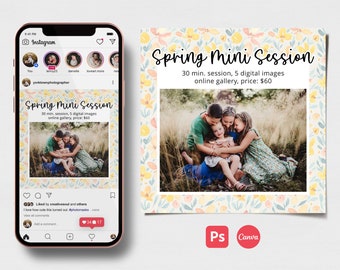 Spring Mini Session template for Photoshop and Canva, fully editable and customizable digital template, great for Instagram and Facebook