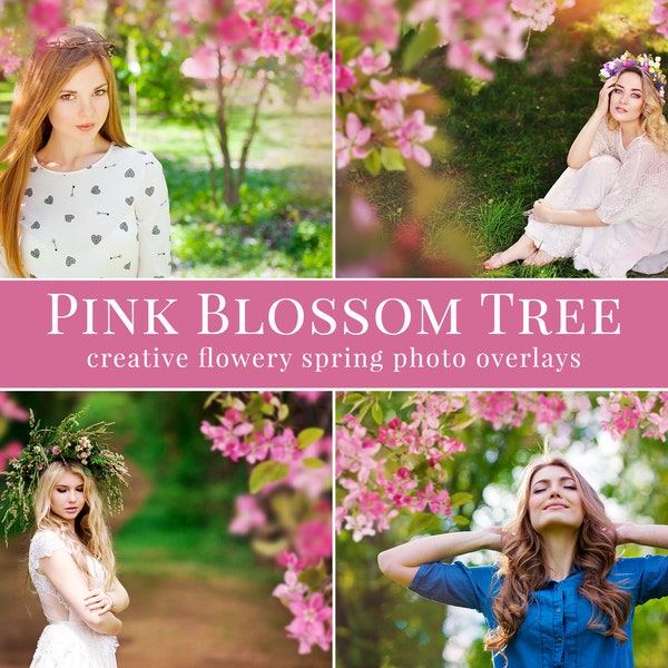 Pink Blossom Tree photo overlays for Photoshop, creative spring overlays for Photographers, Photoshop actions, portrait photography