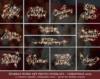 12 Christmas photo overlays for Photoshop, holiday word art in a sparkle effect, great for Christmas photography and family mini sessions