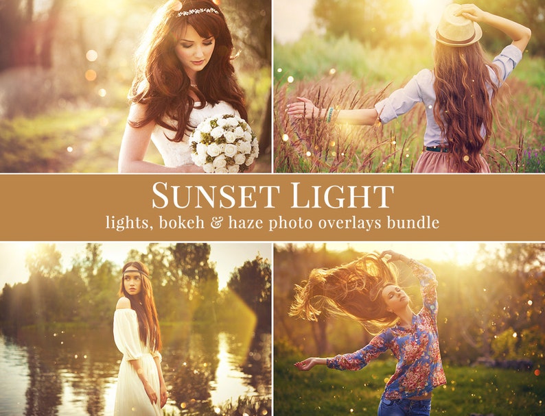 Layered lights photo overlays Sunset Light, golden hour effect, digital photo overlays for Photoshop, light & bokeh photo overlays image 1