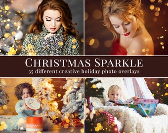 May include: A set of 35 digital overlays featuring sparkling lights and bokeh effects, perfect for adding a festive touch to holiday photos. The overlays are designed to be used with photo editing software.