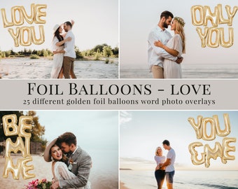 Creative Valentine photo overlays for Photoshop, action, golden foil balloons overlays, couples, engagement, wedding photography