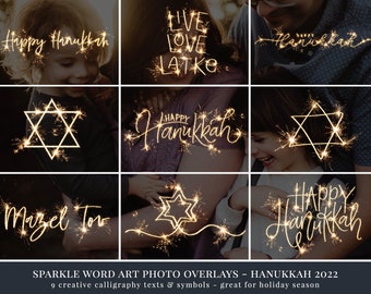 May include: Nine digital overlays featuring sparkling gold text and symbols for Hanukkah. The text includes "Happy Hanukkah", "Live Love Latke", "Mazel Tov", and "Happy Hanukkah". The symbols include a Star of David and a menorah.