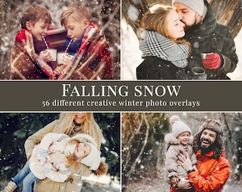 May include: Four images of people enjoying winter activities in the snow. The first image shows two children bundled up in a blanket, the second image shows a couple kissing, the third image shows a mother holding her child, and the fourth image shows a father holding his child. The text "FALLING SNOW" and "56 different creative winter photo overlays" is displayed below the images.