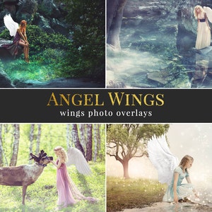 Könnte beinhalten: Vier Bilder, die verschiedene Möglichkeiten zeigen, wie man Foto-Overlays mit Engelsflügeln verwenden kann. Das erste Bild zeigt eine Frau mit weißen Flügeln, die auf einem Felsen in einem Wald sitzt. Das zweite Bild zeigt eine Frau mit weißen Flügeln, die in einem Bach steht. Das dritte Bild zeigt eine Frau mit weißen Flügeln, die in einem Wald mit einem Rentier steht. Das vierte Bild zeigt eine Frau mit weißen Flügeln, die an einem Bach sitzt.