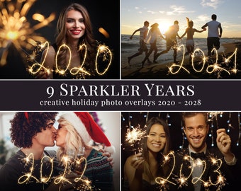 Sparkler photo overlays for Photoshop, creative holiday overlays for Photographers, Photoshop actions, Sparkler years 2020