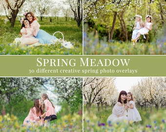 May include: A collage of four spring-themed photo overlays. The images feature people in a meadow with blooming trees. The text "SPRING MEADOW" and "30 different creative spring photo overlays" are displayed on a green banner.