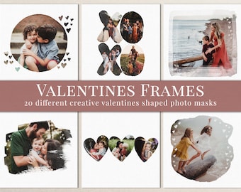 May include: Set of 20 Valentine's Day photo frames with different heart shapes and watercolor backgrounds. The frames are perfect for adding a romantic touch to your photos.