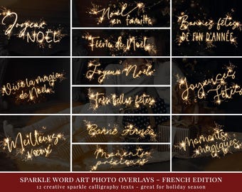 May include: A collection of twelve French phrases written in a sparkling, calligraphy-style font. The phrases include "Joyeux Noël," "Noël en famille," and "Bonnes fêtes de fin d'année." The text is overlaid on a dark background, creating a festive holiday theme.