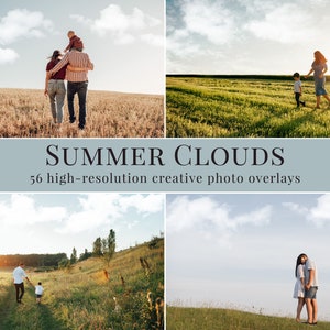 56 different summer clouds photo overlays for Photoshop, digital overlays great for portrait, family, and kids photography