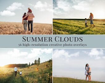 56 different summer clouds photo overlays for Photoshop, digital overlays great for portrait, family, and kids photography