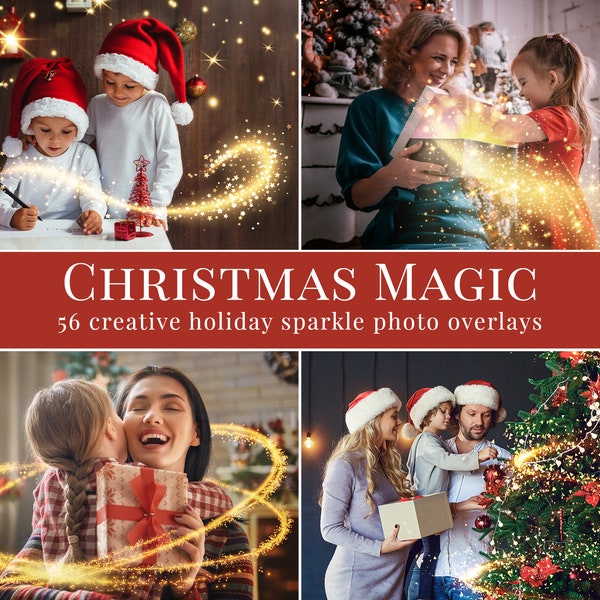 Superposiciones creativas de fotos navideñas para Photoshop con efecto brillante y bokeh, ideal para minis navideños