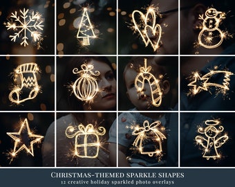 12 Christmas-themed sparkle shapes, holiday photo overlays for Photoshop, great for Christmas photography and family mini sessions