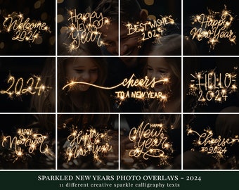 11 Sparkled New Year photo overlays for 2024, holiday photo overlays for Photoshop, great for Christmas photography and family photos