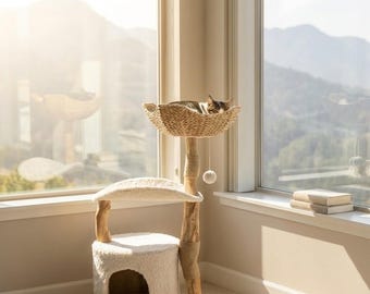 Designer Cat Tree - Solid Wood Modern Cat Tree Tower with Wicker Basket Bed, Sisal Scratching Post, Deep Hammock, Corner Cat Tree, Unique
