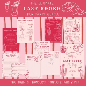 May include: A pink and red party stationery bundle featuring the text The Ultimate Last Rodeo Hen Party Bundle and The Maid of Honour's Complete Party Kit. Includes printed game cards, menus, and itineraries with western-themed line art illustrations.