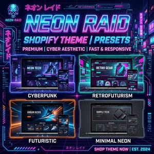 Peut inclure: Un graphique numérique présentant le thème Shopify Neon Raid avec quatre modèles de mise en page distincts : Cyberpunk, Retrofuturism, Futuristic et Minimal Neon. Chaque section affiche un écran d'ordinateur portable et de smartphone.