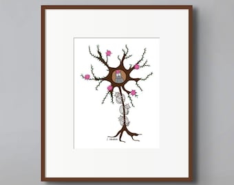 May include: A framed art print featuring a whimsical illustration of a neuron. The artwork depicts a tree-like structure with a central figure, branches, and pink flower-like details. The print is in a brown frame, displayed on a wooden desk.
