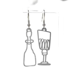 Bottle and Glass Earrings / Jewelry Picasso Inspired / Funky and Fun, Wine, Champagne, Vodka, Drink, Celebration / Hypoallergenic Earrings