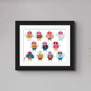 May include: A framed print featuring a colorful illustration of 12 cartoon flies wearing different outfits and numbers. The flies are all smiling and have large, round eyes.