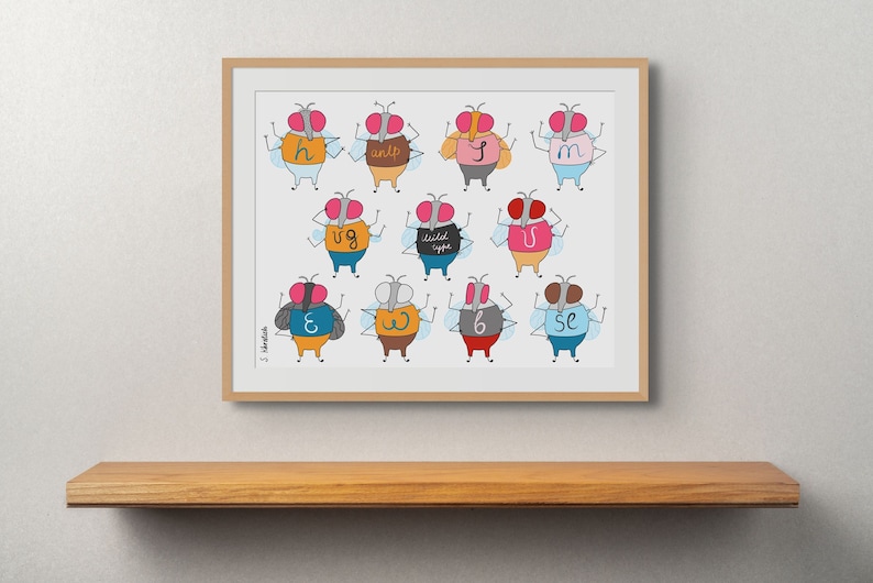 May include: A white background with 10 cartoon flies, each with a different letter on their shirt. The letters spell out "tried to use" and the flies are in different colors.