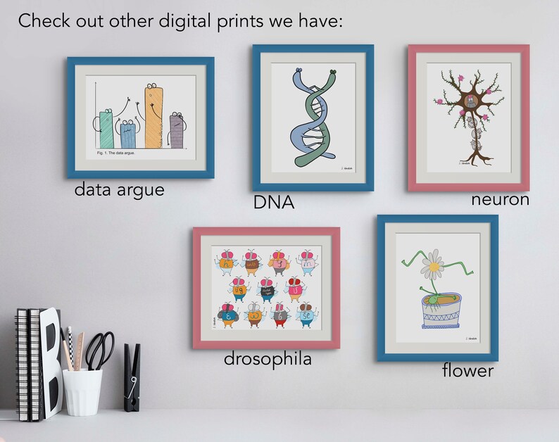 May include: Five framed illustrations of scientific concepts. The illustrations are in a cartoon style and include data argue, DNA, neuron, drosophila, and flower.