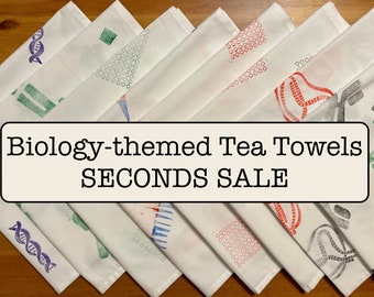 Discounted Biology-Themed Handprinted Premium Tea Towel // Science Kitchen Cloth Seconds Sale