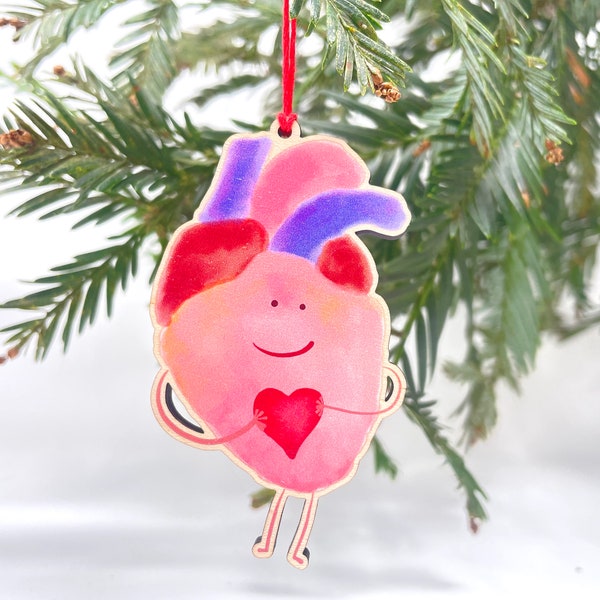 Cute Heart with a Heart Wooden Ornament // Cute Anatomy Gift for a Doctor, Cardiologist, Med School Student, Resident, Biology Teacher