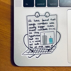 May include: A hand-drawn illustration of a computer with a bar graph and text that reads: "We have found that large numbers are usually bigger than small numbers (P<0.04). We thus hypothesise that this is a universal rule for all other types of"