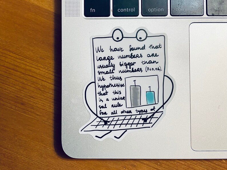 May include: A hand-drawn illustration of a computer with a bar graph and text that reads: "We have found that large numbers are usually bigger than small numbers (P<0.04). We thus hypothesise that this is a universal rule for all other types of"