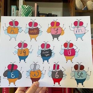 May include: A white background with 10 cartoon flies, each with different colored bodies and wings. Each fly has a letter or word on its body, including 'h', 'antp', 'y', 'm', 'vg', 'wild type', 'u', 'e', 'w', and 'se'.