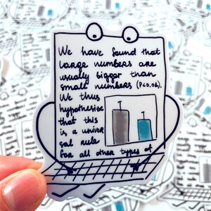 May include: A white sticker with a cartoon character holding a piece of paper with the text "We have found that large numbers are usually bigger than small numbers (P<0.04). We thus hypothesize that this is a universal rule for all other types of" and a simple bar graph. The character is wearing glasses and has a keyboard in front of it.