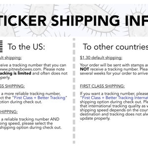 May include: A white and black graphic with text that reads "Sticker Shipping Info". The graphic shows a map of the United States and a globe. The text explains the shipping options and costs for stickers to the US and other countries.  The text mentions "FREE default shipping" and "$1.30 default shipping".