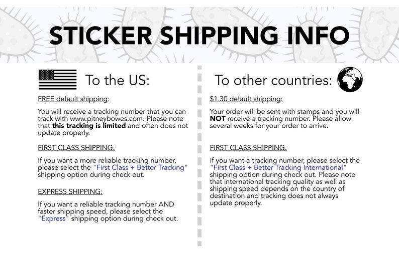May include: A white and black graphic with text that reads "Sticker Shipping Info". The graphic shows a map of the United States and a globe. The text explains the shipping options and costs for stickers to the US and other countries.  The text mentions "FREE default shipping" and "$1.30 default shipping".