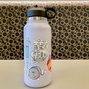 May include: A light blue reusable water bottle with a black lid and handle. The bottle has several stickers on it, including a drawing of a computer screen with the text "We have found that large numbers are usually bigger than small numbers. Uh this hypothesis that animals in a universe get all more types of food at once."