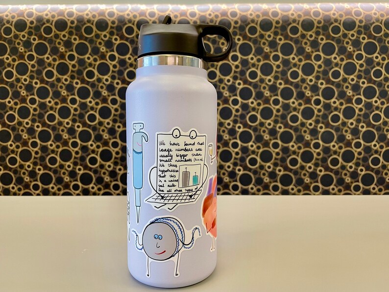 May include: A light blue reusable water bottle with a black lid and handle. The bottle has several stickers on it, including a drawing of a computer screen with the text "We have found that large numbers are usually bigger than small numbers. Uh this hypothesis that animals in a universe get all more types of food at once."