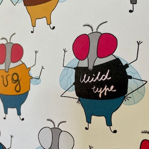 May include: A cartoon illustration of flies wearing different shirts. One fly is wearing a shirt that says "wild type".