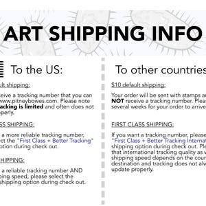 May include: A black and white graphic with text that reads "ART SHIPPING INFO". The graphic includes a US flag and a globe. The text below the graphic describes shipping options to the US and other countries. The text includes information about free and paid shipping options, tracking numbers, and shipping times.
