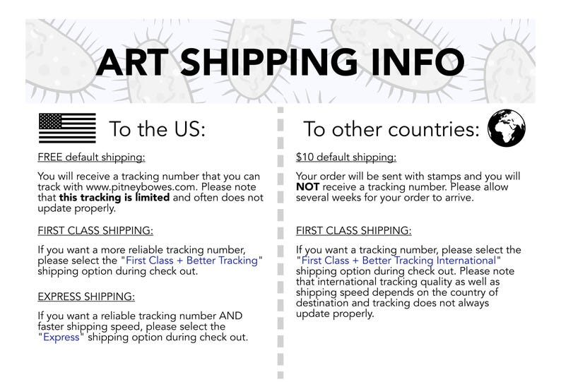 May include: A black and white graphic with text that reads "ART SHIPPING INFO". The graphic includes a US flag and a globe. The text below the graphic describes shipping options to the US and other countries. The text includes information about free and paid shipping options, tracking numbers, and shipping times.