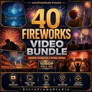 Puede incluir: Un paquete de productos digitales titulado 40 FIREWORKS VIDEO BUNDLE con metraje cinematográfico de festivales. El gráfico incluye texto dorado, resolución 1080P FULL HD, 40 clips de video, formato MP4, sin marca de agua e iconos.