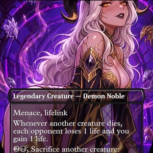 May include: A collectible trading card titled Seraphina, Gilded Abyss, featuring a long-haired character with horns in a black and gold outfit. The card text includes Legendary Creature, Demon Noble, Menace, lifelink, and game mechanics.