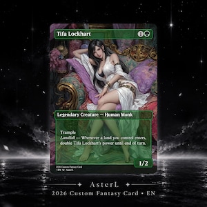 May include: A Tifa Lockhart trading card featuring a character with long dark hair in a white dress reclining on a purple and gold ornate chair. The card text includes Legendary Creature, Human Monk, Trample, and Landfall ability details.