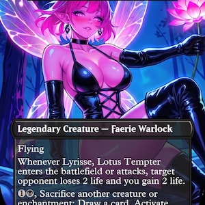 May include: A collectible trading card titled Lyrisse, Lotus Tempter, featuring a pink-haired faerie warlock with translucent wings, wearing a black outfit and holding a glowing pink lotus flower, with game text and a power/toughness of 4/3.