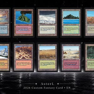 May include: A collection of ten rectangular fantasy trading cards arranged in two rows of five. Each card features a unique landscape illustration, a text box with game rules, and a colored border. The bottom text reads AsterL 2026 Custom Fantasy Card EN.